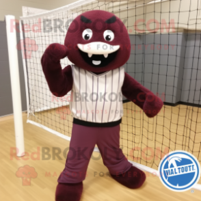 Maroon Volleyball Net mascot costume character dressed with a Button-Up Shirt and Gloves