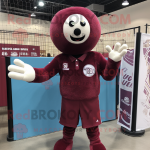 Maroon Volleyball Net mascot costume character dressed with a Button-Up Shirt and Gloves