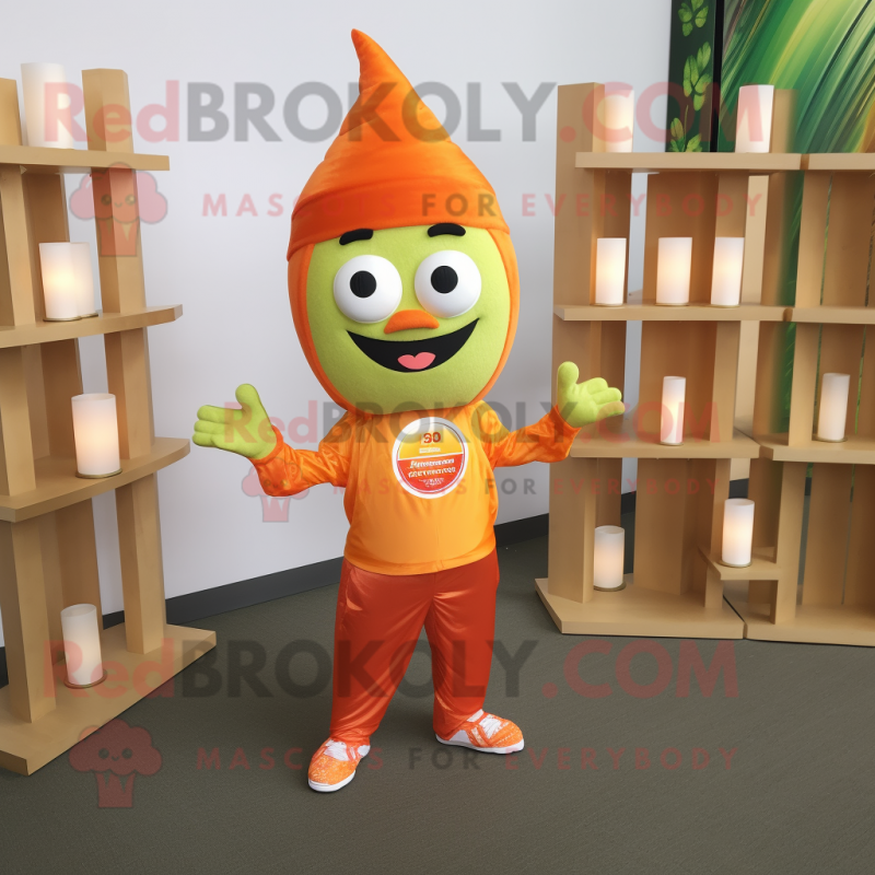 Orange Scented Candle mascot costume character dressed with a Chinos and Headbands Orange Scented Candle mascot costume character dressed with a Chinos and Headbands