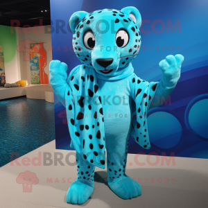 Cyan Leopard mascot costume character dressed with a Swimwear and Shawls