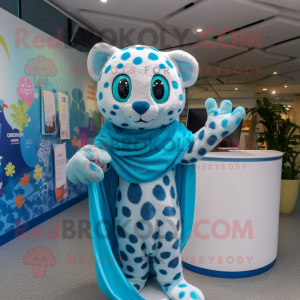 Cyan Leopard mascot costume character dressed with a Swimwear and Shawls