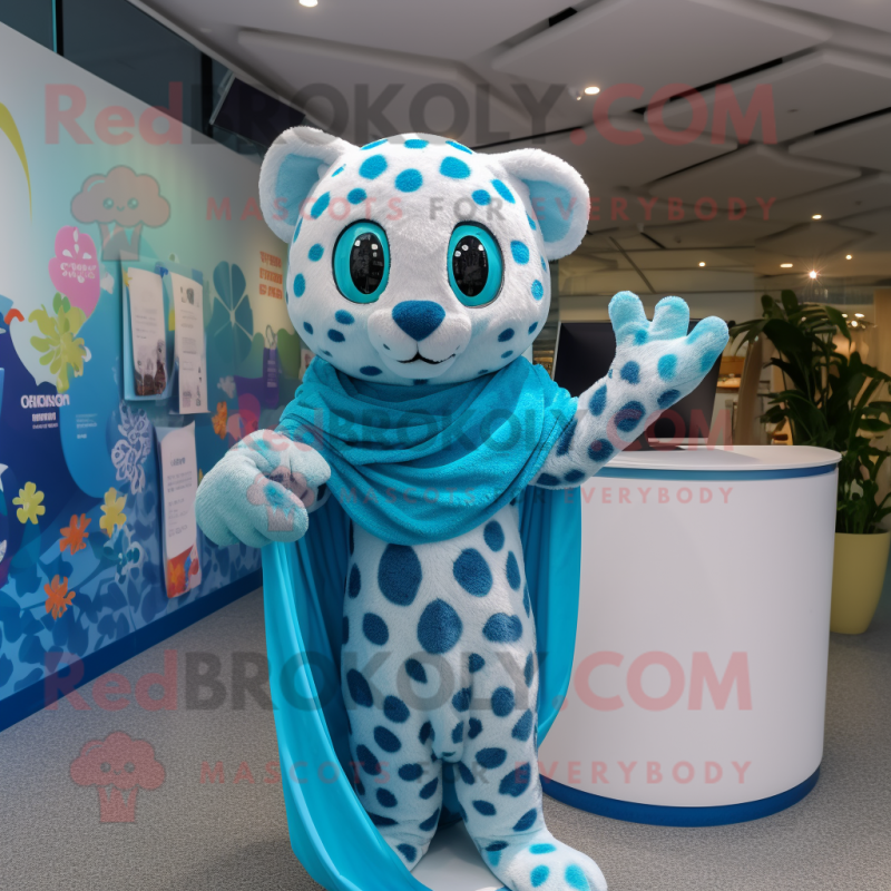 Cyan Leopard mascot costume character dressed with a Swimwear and Shawls