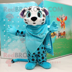 Cyan Leopard mascot costume character dressed with a Swimwear and Shawls