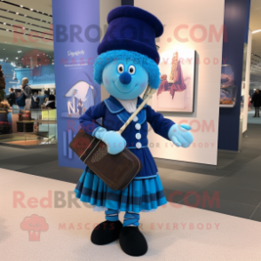 Blue Bagpipe mascot costume character dressed with a Sheath Dress and Handbags