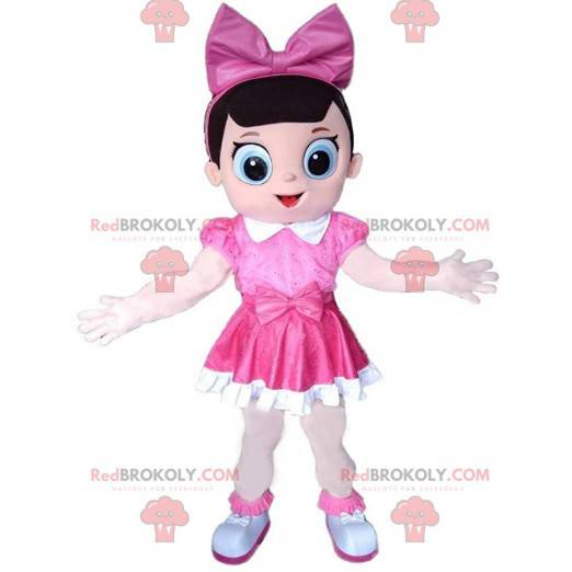 Mascota de niña vestida con traje de niña rosa, rosa -