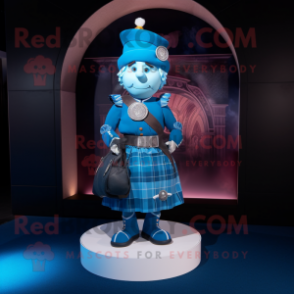Blue Bagpipe mascot costume character dressed with a Sheath Dress and Handbags
