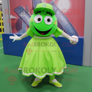 Lime Green Baseball Ball mascot costume character dressed with a A-Line Skirt and Earrings