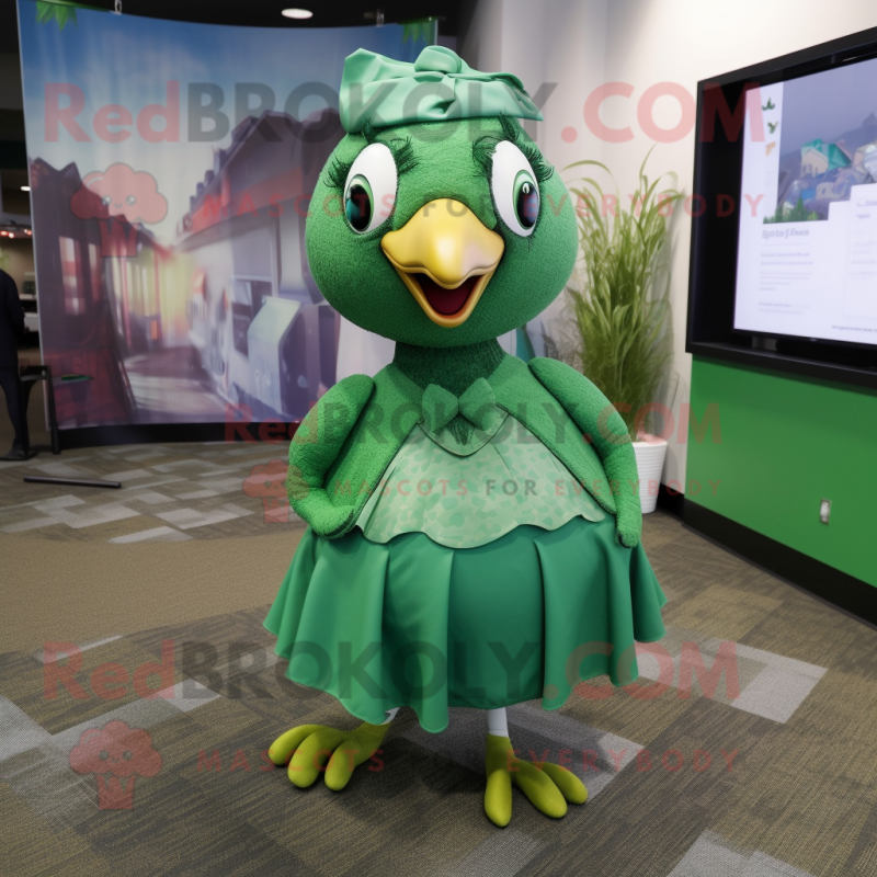 Green Quail mascot costume character dressed with a Pleated Skirt and Tie pins