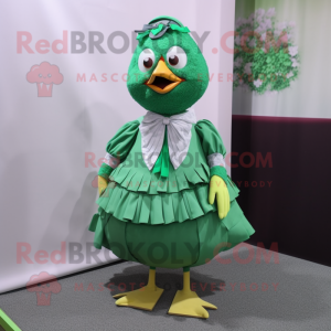 Green Quail mascot costume character dressed with a Pleated Skirt and Tie pins