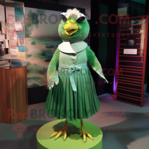 Green Quail mascot costume character dressed with a Pleated Skirt and Tie pins