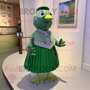 Green Quail mascot costume character dressed with a Pleated Skirt and Tie pins