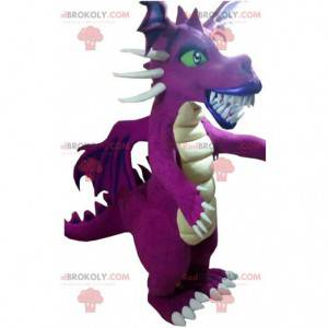 Impresionante mascota dragón púrpura, con grandes colmillos -