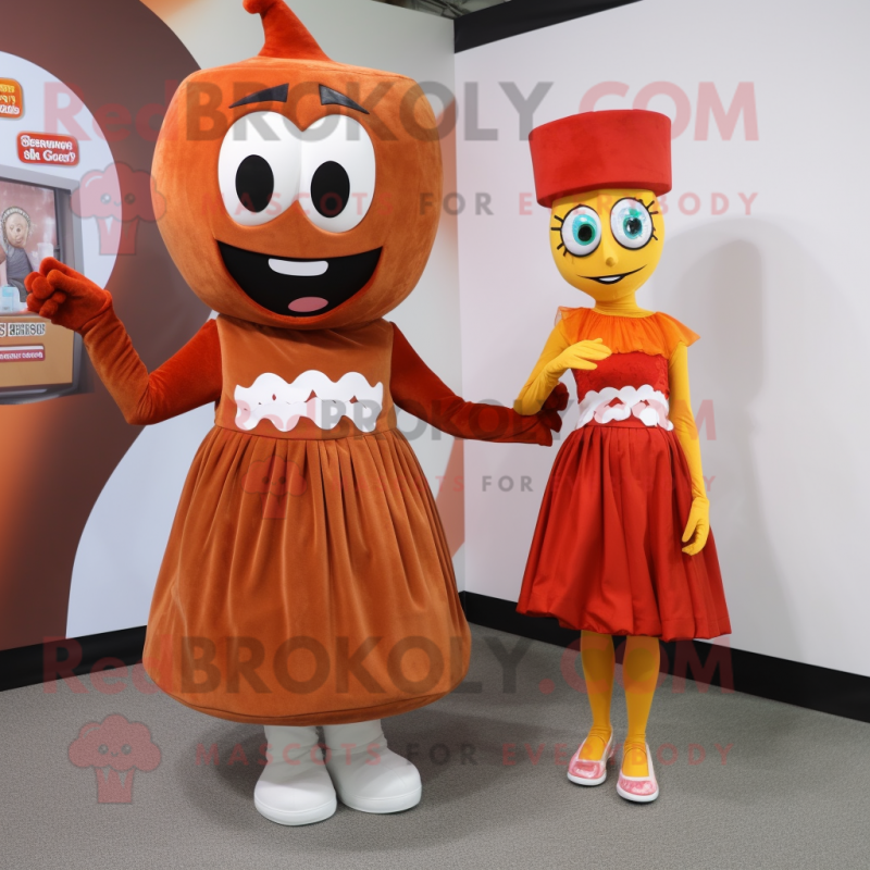 Rust Candy mascot costume character dressed with a Shift Dress and Cummerbunds