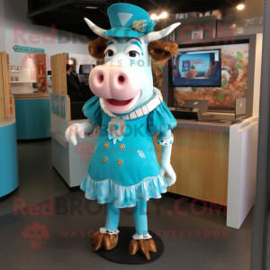 Turquoise Beef Stroganoff mascot costume character dressed with a Mini Skirt and Lapel pins