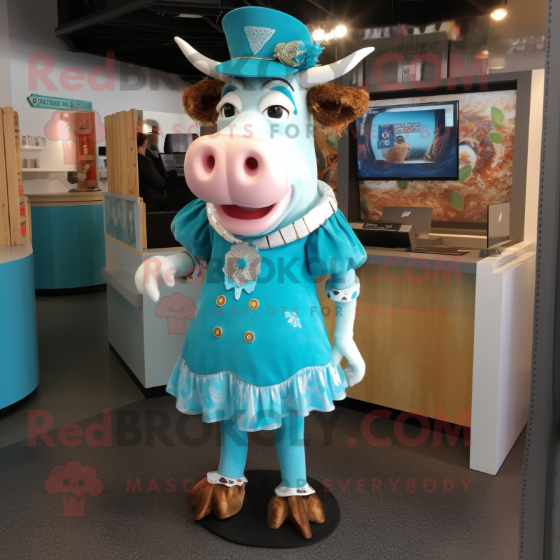 Turquoise Beef Stroganoff mascot costume character dressed with a Mini Skirt and Lapel pins Turquoise Beef Stroganoff mascot costume character dressed with a Mini Skirt and Lapel pins