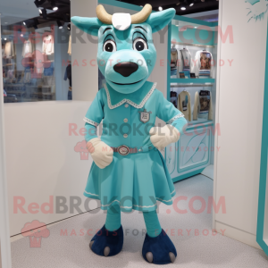 Turquoise Beef Stroganoff mascot costume character dressed with a Mini Skirt and Lapel pins