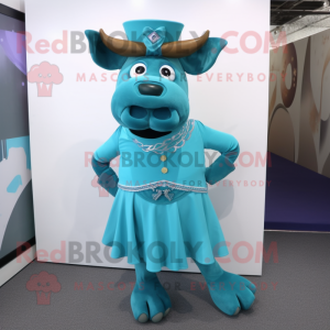 Turquoise Beef Stroganoff mascot costume character dressed with a Mini Skirt and Lapel pins