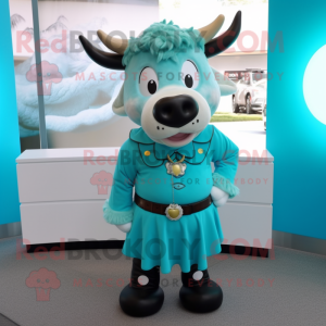 Turquoise Beef Stroganoff mascot costume character dressed with a Mini Skirt and Lapel pins