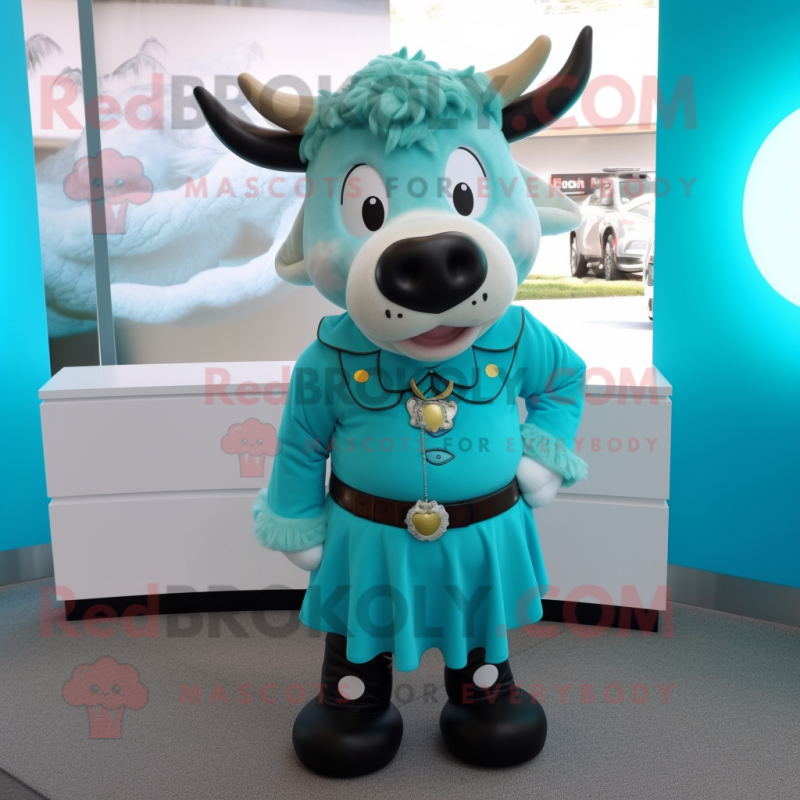Turquoise Beef Stroganoff mascot costume character dressed with a Mini Skirt and Lapel pins Turquoise Beef Stroganoff mascot costume character dressed with a Mini Skirt and Lapel pins