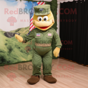 Forest Green American Soldier mascot costume character dressed with a One-Piece Swimsuit and Suspenders
