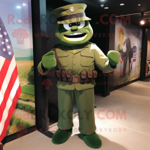Forest Green American Soldier mascot costume character dressed with a One-Piece Swimsuit and Suspenders