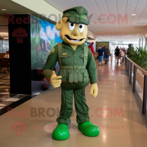 Forest Green American Soldier mascot costume character dressed with a One-Piece Swimsuit and Suspenders