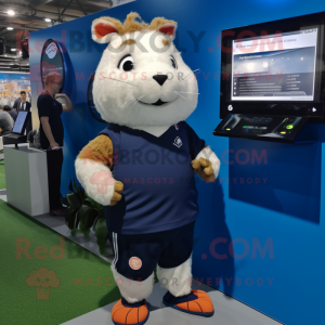 Navy Guinea Pig mascot costume character dressed with a Running Shorts and Digital watches