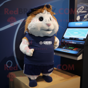 Navy Guinea Pig mascot costume character dressed with a Running Shorts and Digital watches