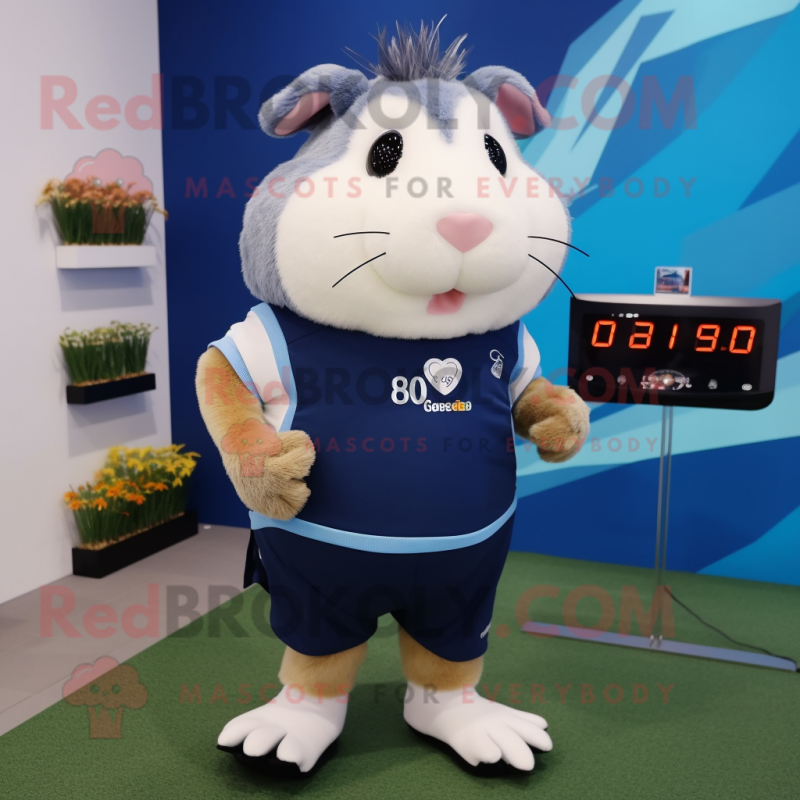 Navy Guinea Pig mascot costume character dressed with a Running Shorts and Digital watches