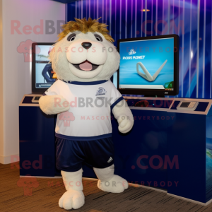 Navy Guinea Pig mascot costume character dressed with a Running Shorts and Digital watches