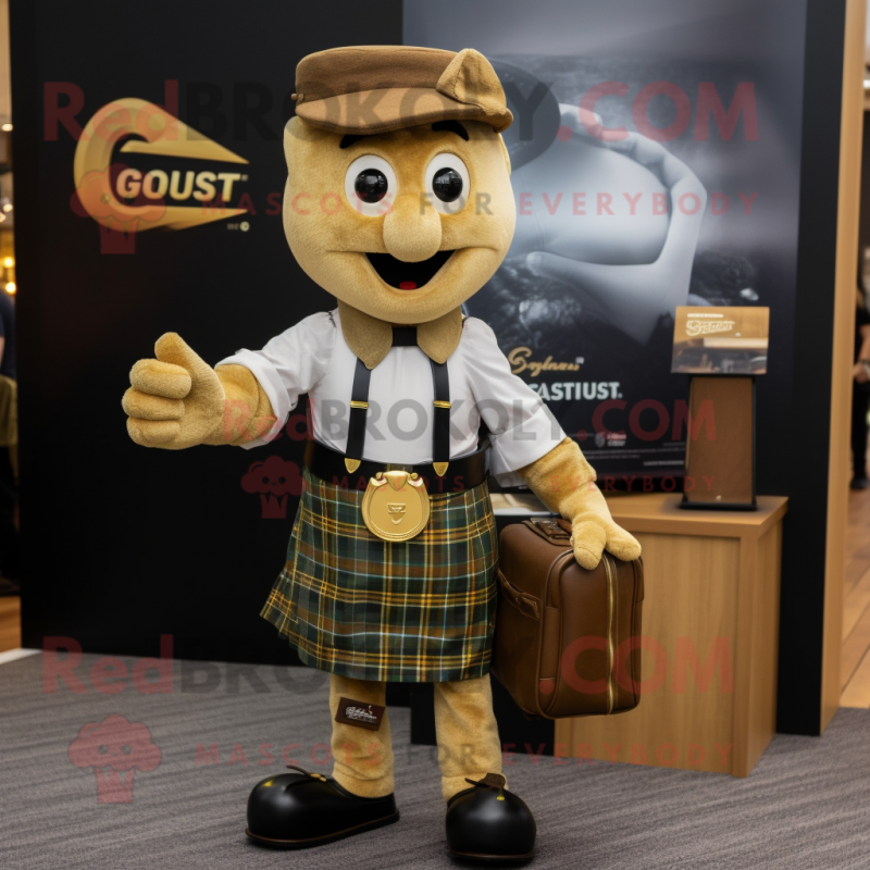 Gold Guinness mascot costume character dressed with a Flannel Shirt and Briefcases Gold Guinness mascot costume character dressed with a Flannel Shirt and Briefcases