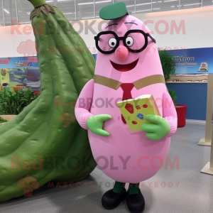 Pink Zucchini mascot costume character dressed with a Dress Shirt and Reading glasses
