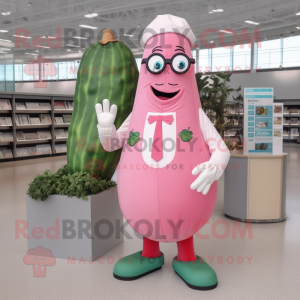 Pink Zucchini mascot costume character dressed with a Dress Shirt and Reading glasses