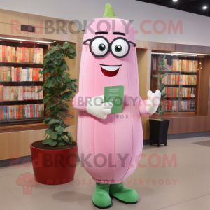 Pink Zucchini mascot costume character dressed with a Dress Shirt and Reading glasses