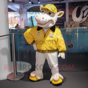 Lemon Yellow Hereford Cow mascot costume character dressed with a Bomber Jacket and Earrings