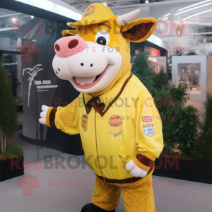 Lemon Yellow Hereford Cow mascot costume character dressed with a Bomber Jacket and Earrings