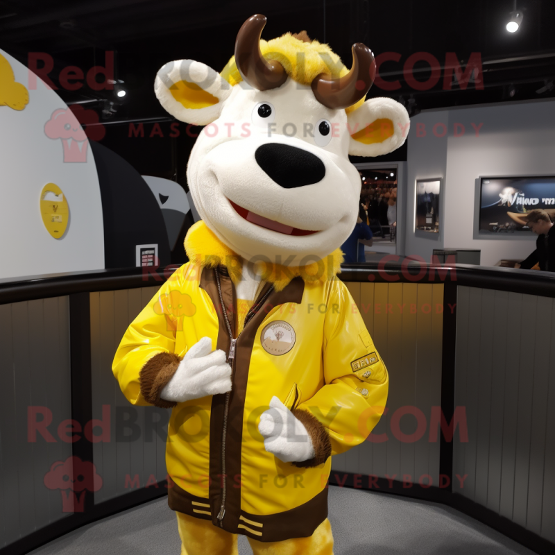 Lemon Yellow Hereford Cow mascot costume character dressed with a Bomber Jacket and Earrings Lemon Yellow Hereford Cow mascot costume character dressed with a Bomber Jacket and Earrings