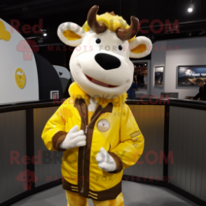 Lemon Yellow Hereford Cow mascot costume character dressed with a Bomber Jacket and Earrings