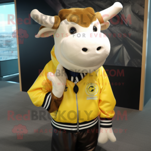 Lemon Yellow Hereford Cow mascot costume character dressed with a Bomber Jacket and Earrings