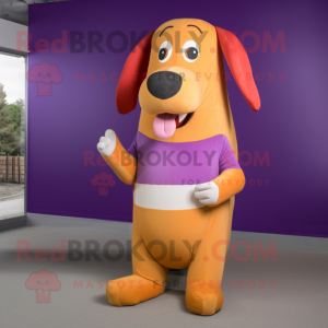 Purple Hot Dog mascot costume character dressed with a Chinos and Cummerbunds