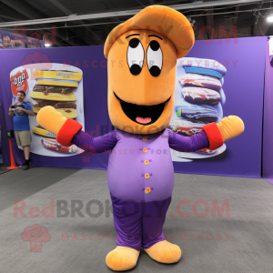 Purple Hot Dog mascot costume character dressed with a Chinos and Cummerbunds