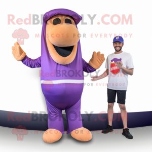 Purple Hot Dog mascot costume character dressed with a Chinos and Cummerbunds