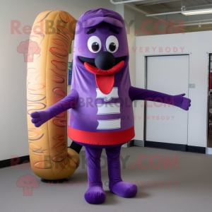 Purple Hot Dog mascot costume character dressed with a Chinos and Cummerbunds