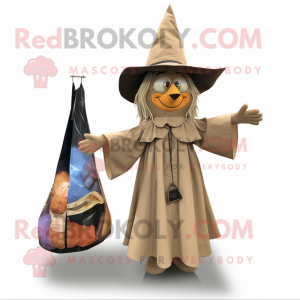 Tan Witch'S Hat mascot costume character dressed with a Wrap Dress and Tote bags