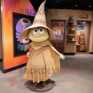 Tan Witch'S Hat mascot costume character dressed with a Wrap Dress and Tote bags