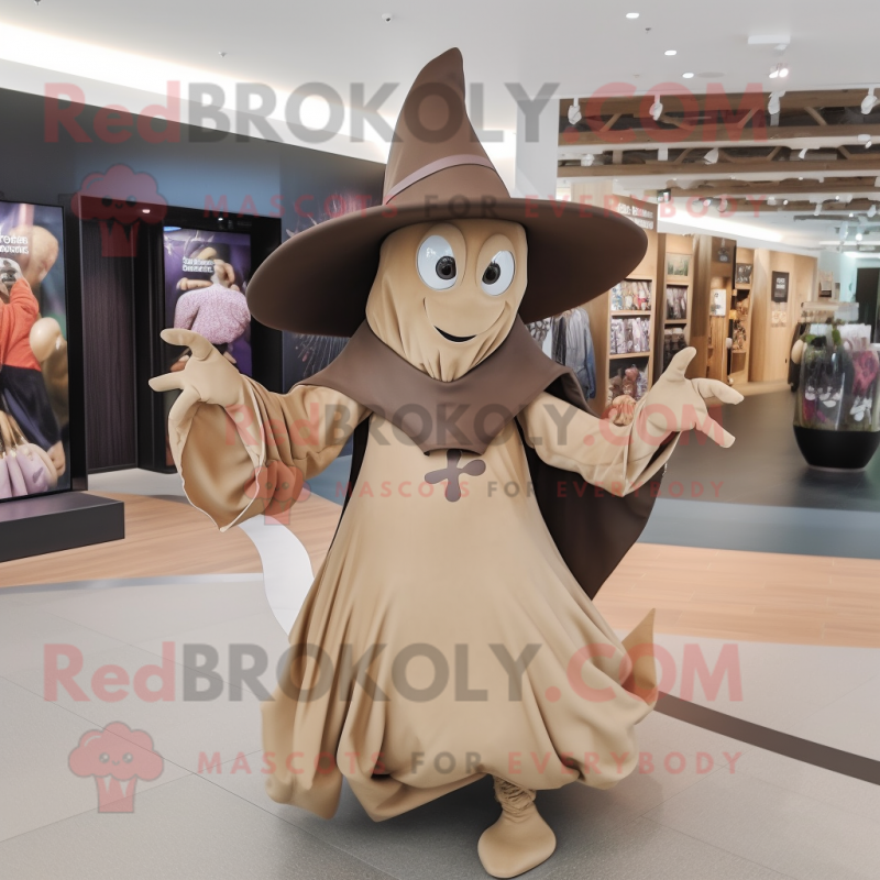 Tan Witch'S Hat mascot costume character dressed with a Wrap Dress and Tote bags