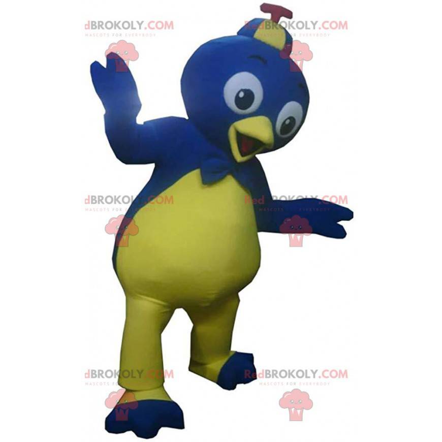 Blue and yellow bird mascot, colorful bird costume -