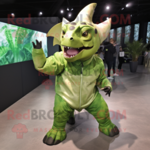 Olive Triceratops mascot costume character dressed with a Raincoat and Anklets