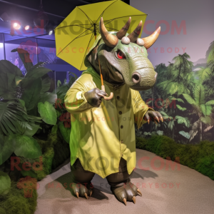 Olive Triceratops mascot costume character dressed with a Raincoat and Anklets