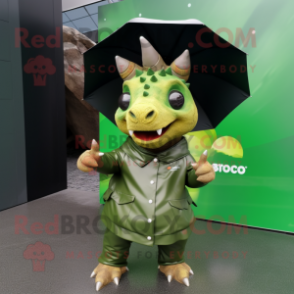 Olive Triceratops mascot costume character dressed with a Raincoat and Anklets